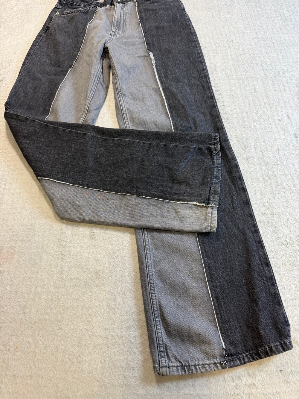 Zara Men’s 32 Deconstructed Two Tone Black Gray Denim Jeans Wide Leg